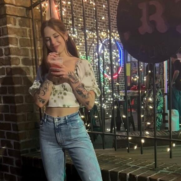 Abercrombie & Fitch Top Womens S Floral Puff Sleeve Crop Green White Crinkle - Picture 3 of 16